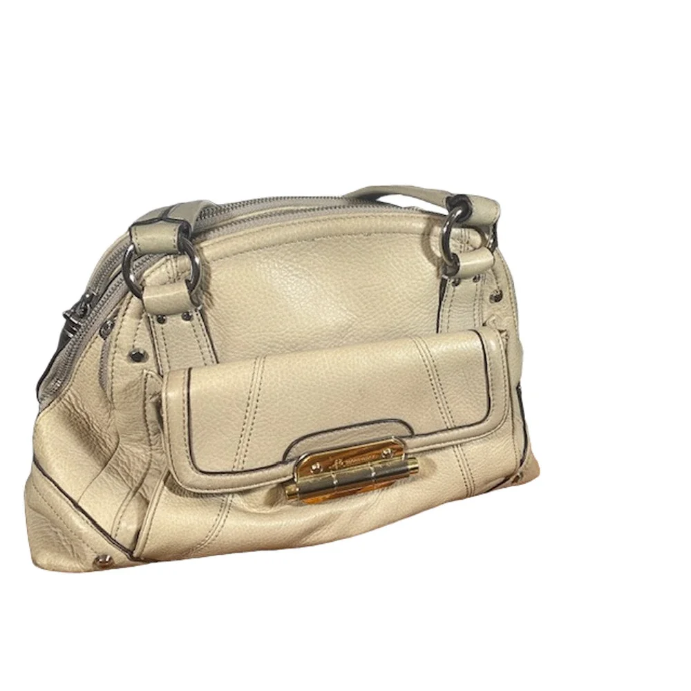 B. Makowsky Cream Leather Satchel Top Zip Handbag Goldtone Hardware Women